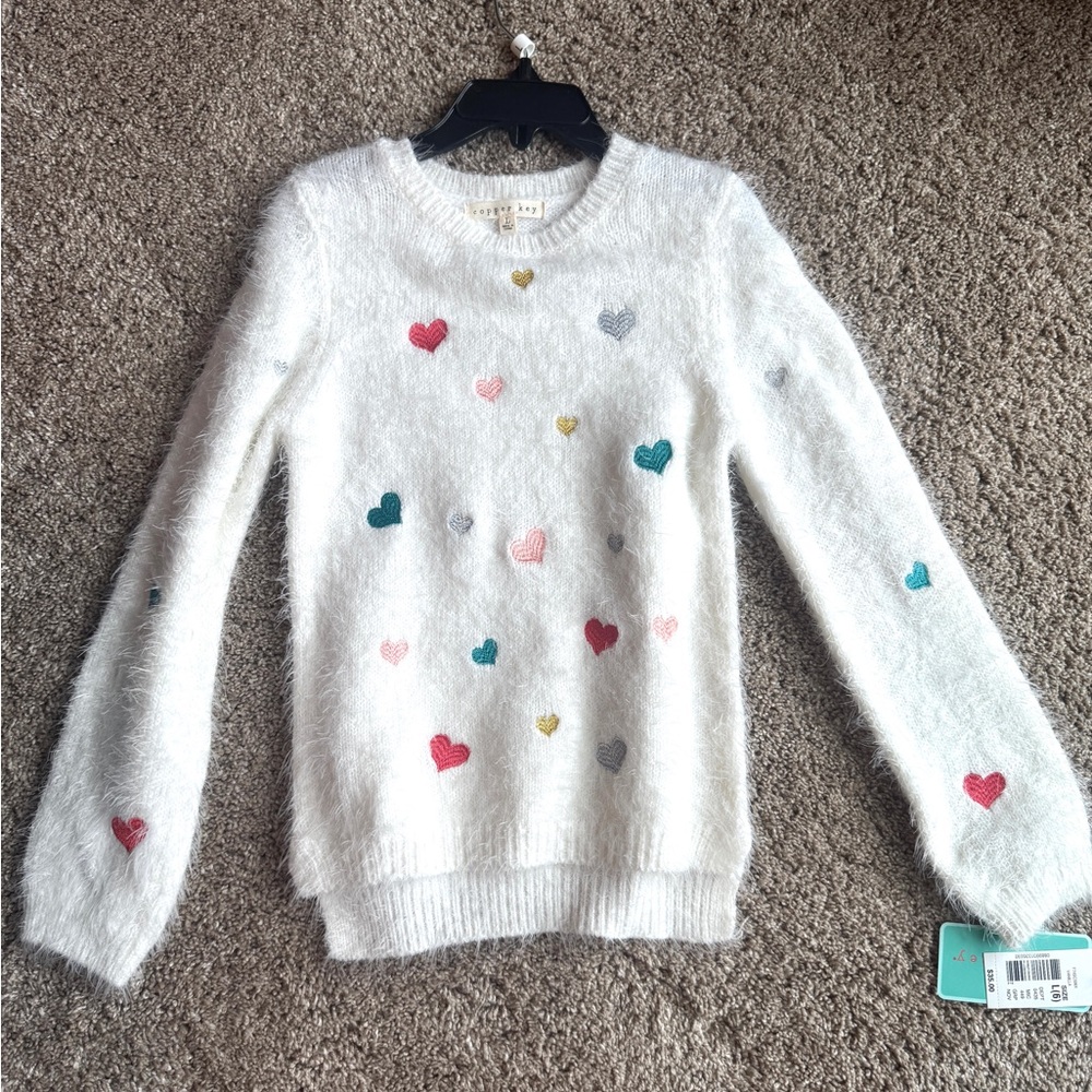 Girls White Heart Pattern Sweater